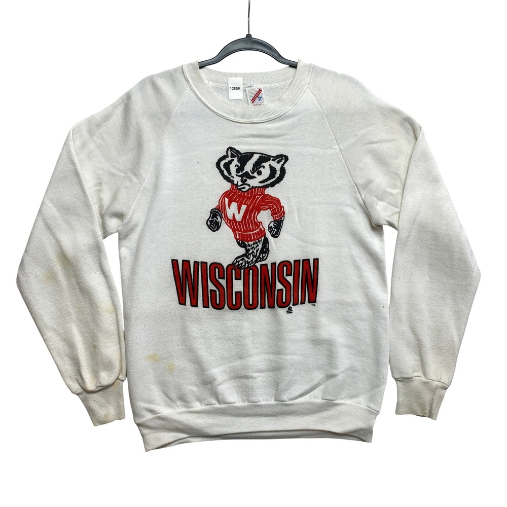 Jerzees Sweatshirt Mens M White Vintage 1988 Wisconsin Bucky Badger Raglan